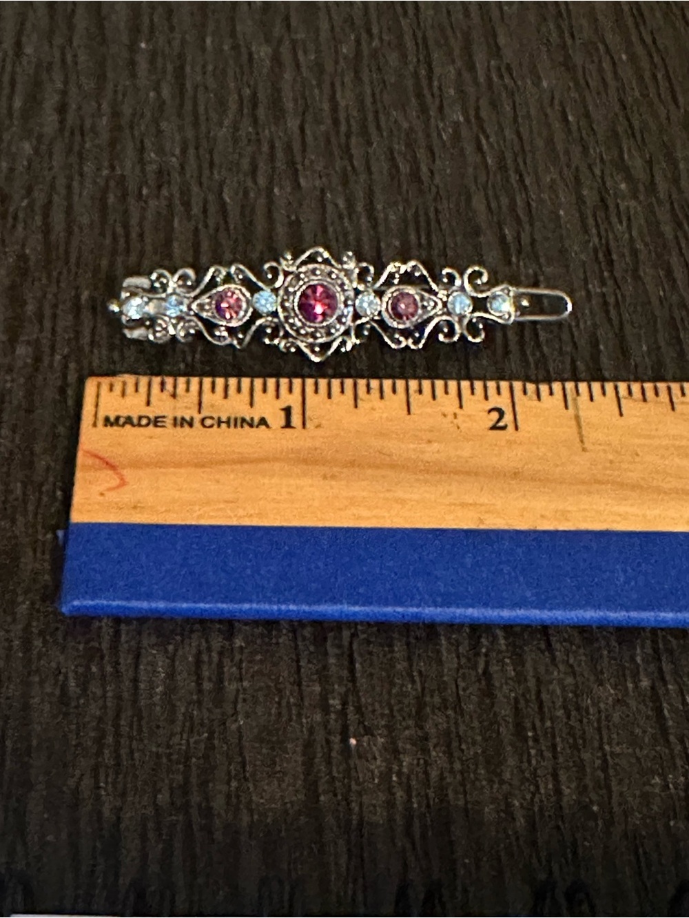 1928 Jewelry Co. Silver Tone Filigree Barrette with Purple and Blue Rhinestones